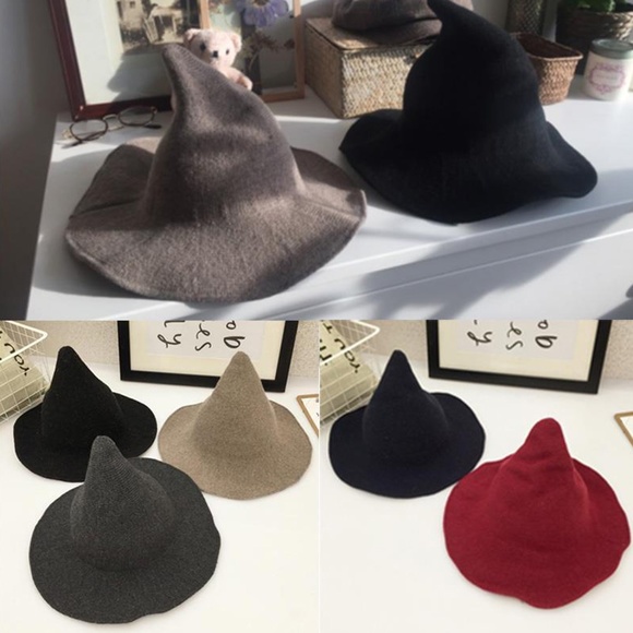 Womens Wool Felt Big Pointed Witch Knitted Hats - Picture 2 of 8